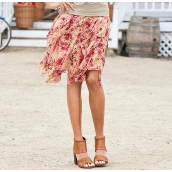 Sundance Cream and Pink Floral Ruffle Silk Midi Skirt Size 16 - Picture 1 of 11